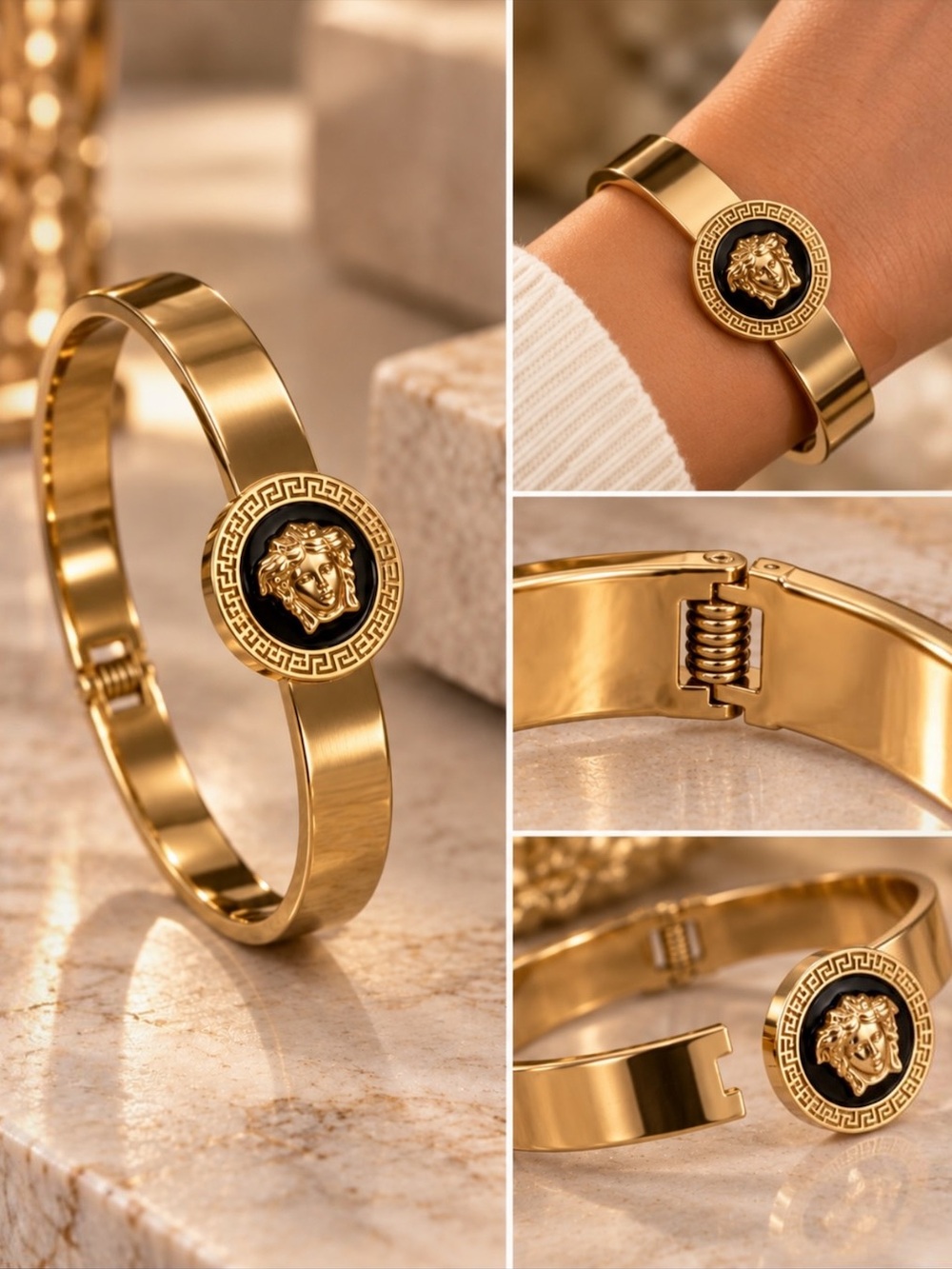 Gold Tone Stainless Steel Medusa Greek Key Statement Bangle Bracelet 8”
